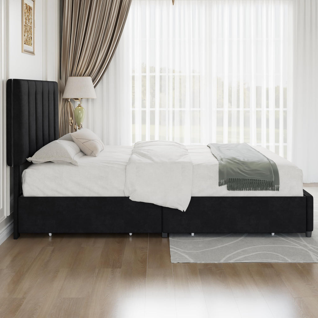 Queen Size Black Bed Frame with 4 Storage Drawers C59734