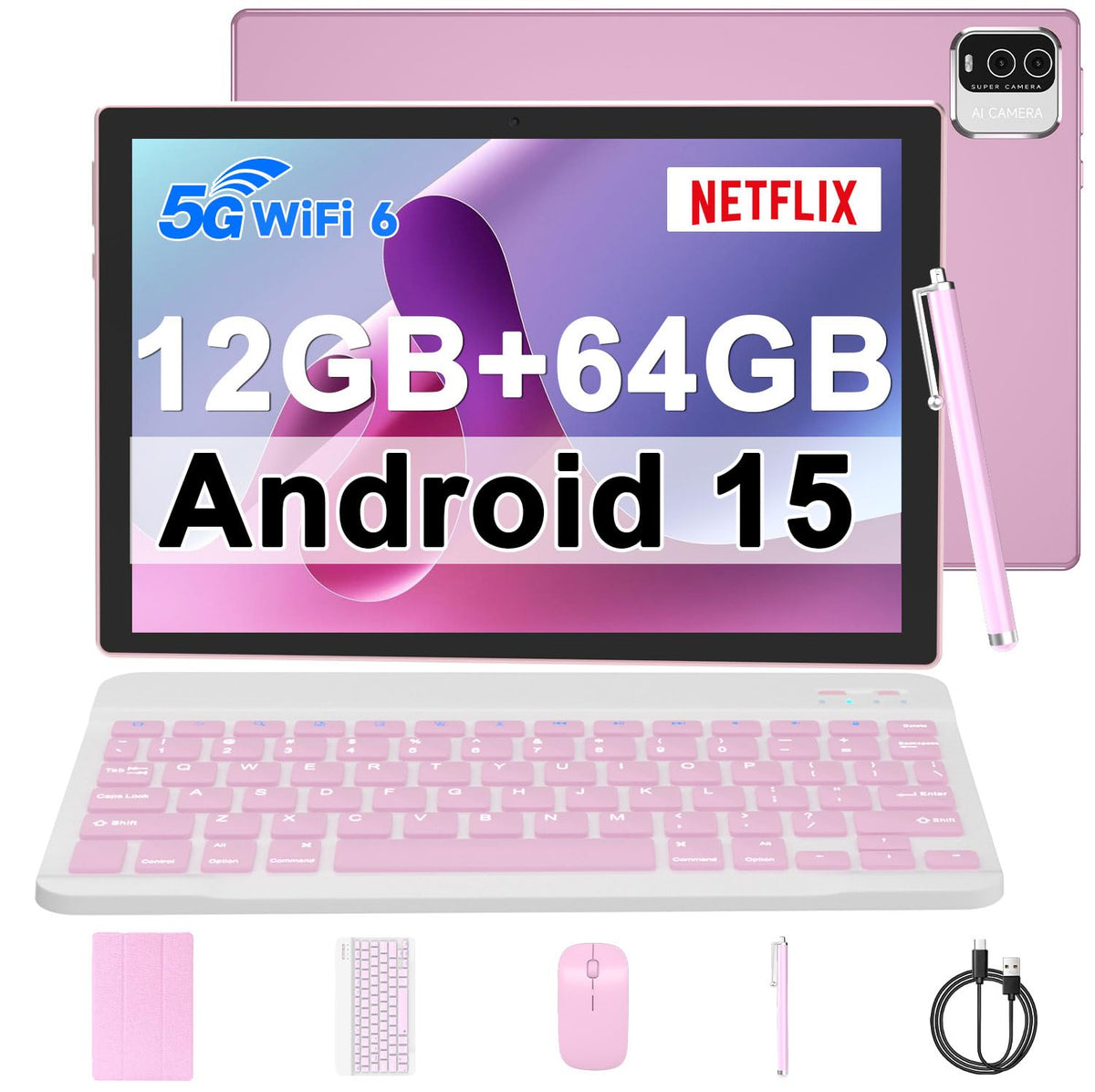 10 inch Android 15 Tablet with Keyboard Case Mouse Stylus Pink D31795