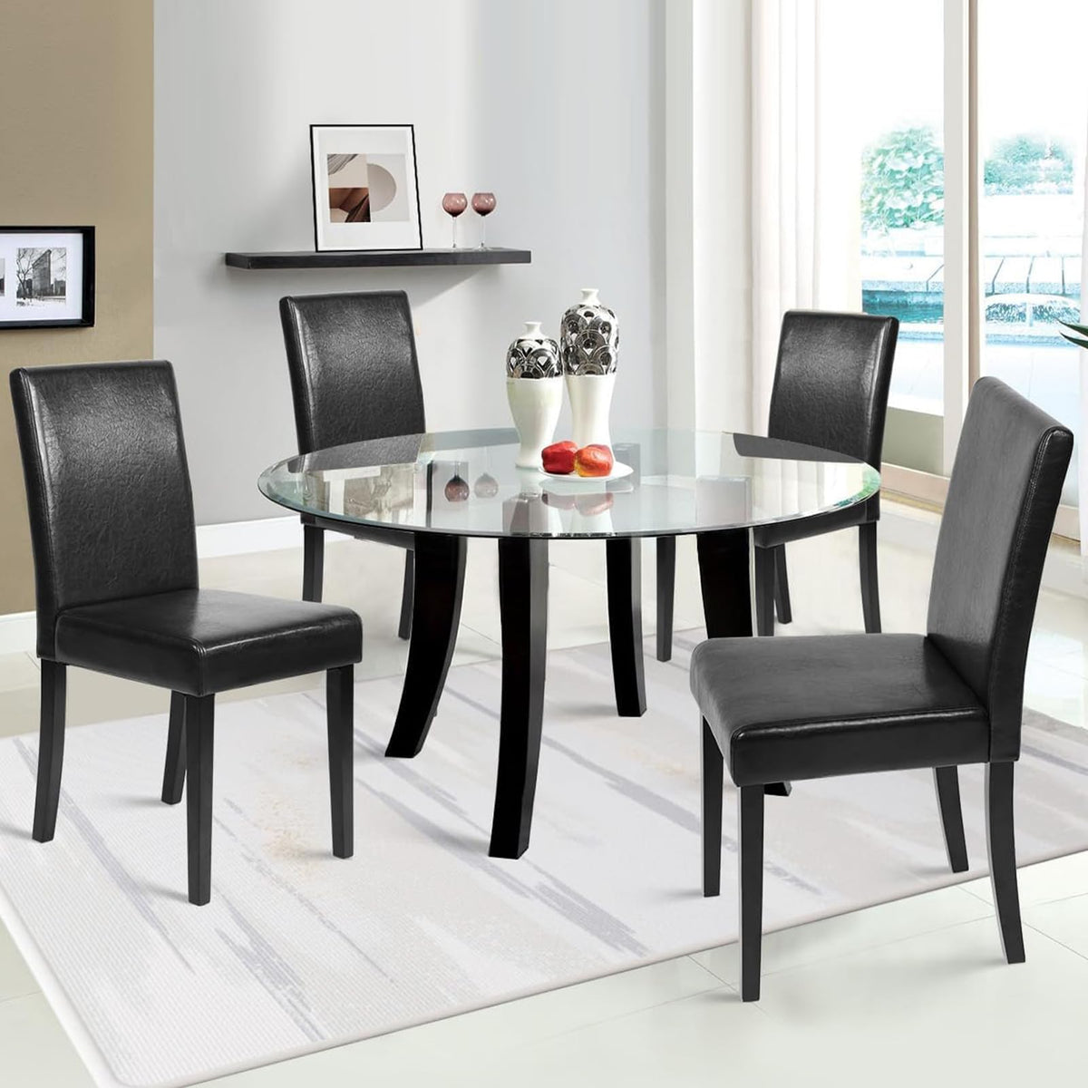 Black Set of 4 PU Leather Upholstered Dining Chairs with Solid Wood Legs R138