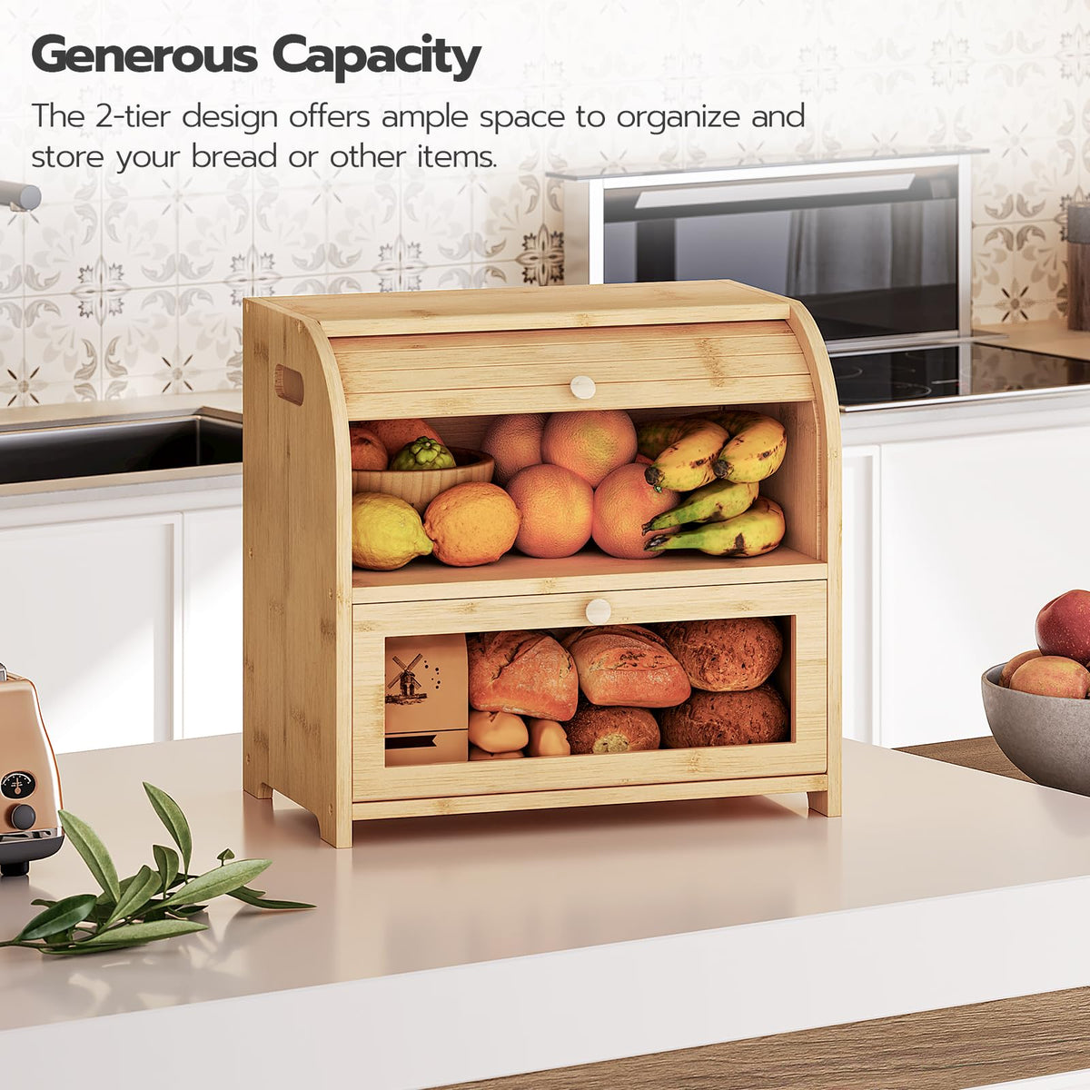 Bamboo 2 Tier Roll-Top Bread Box A490