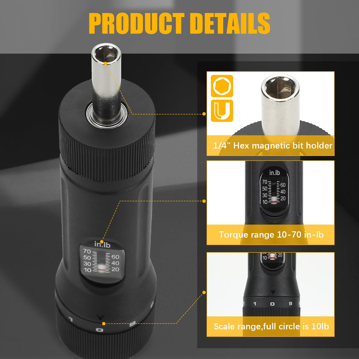 Torque Screwdriver with 12 Pieces Interchangeable Bits 1/4" Drive Black L420