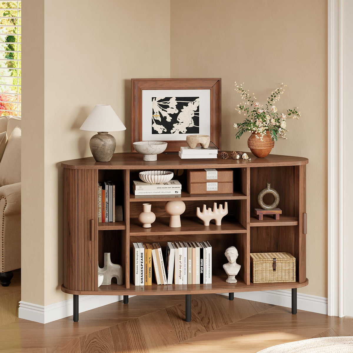 47" Walnut Corner TV Stand with Sliding Door I622512