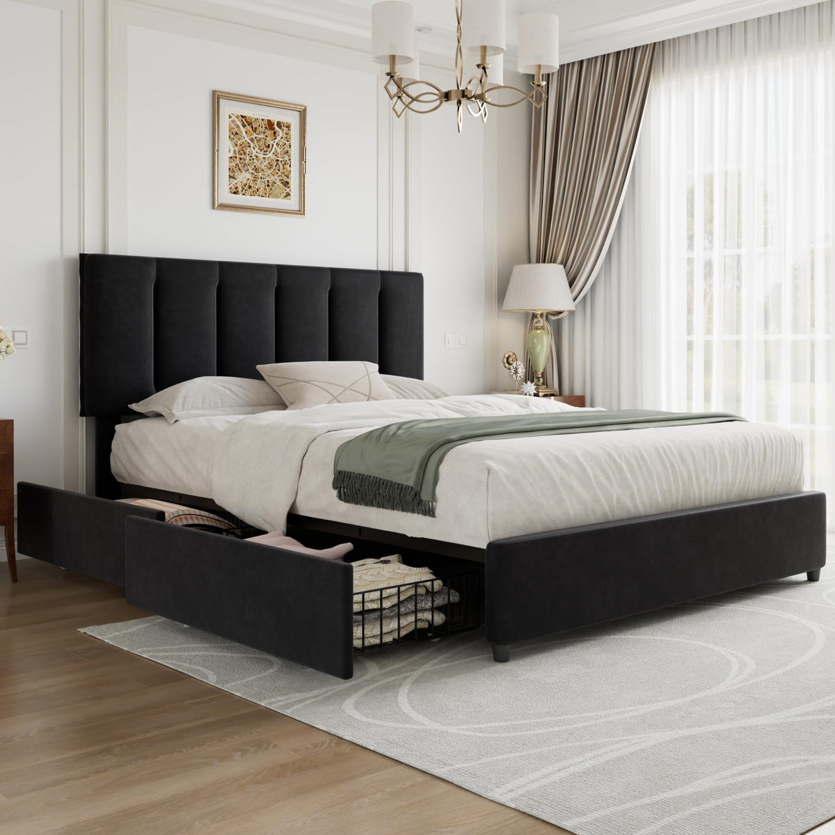 Queen Size Black Bed Frame with 4 Storage Drawers C59734
