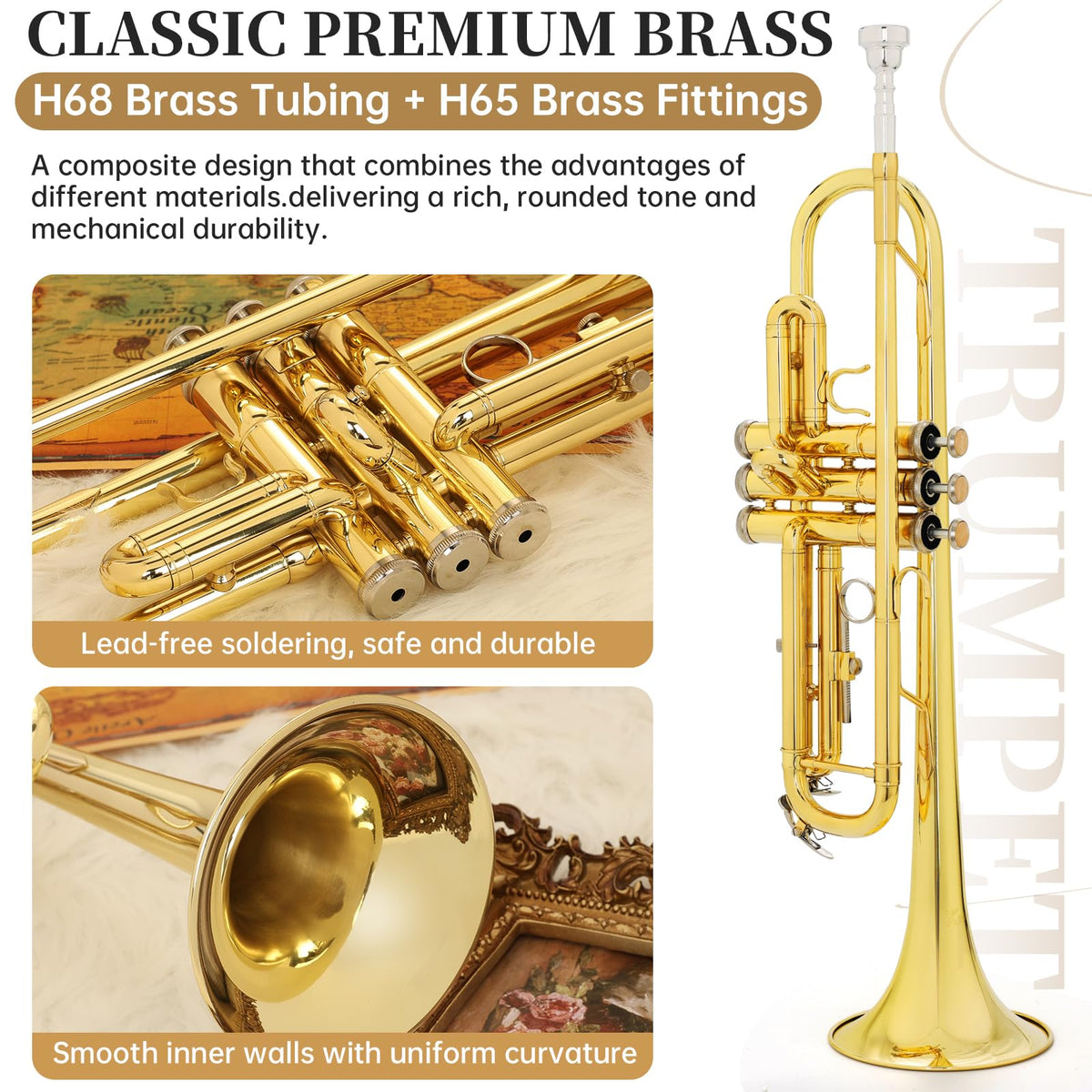 Bb Standard Brass Trumpet with Case, Mouthpiece, Mute, Cleaning Kit T734869