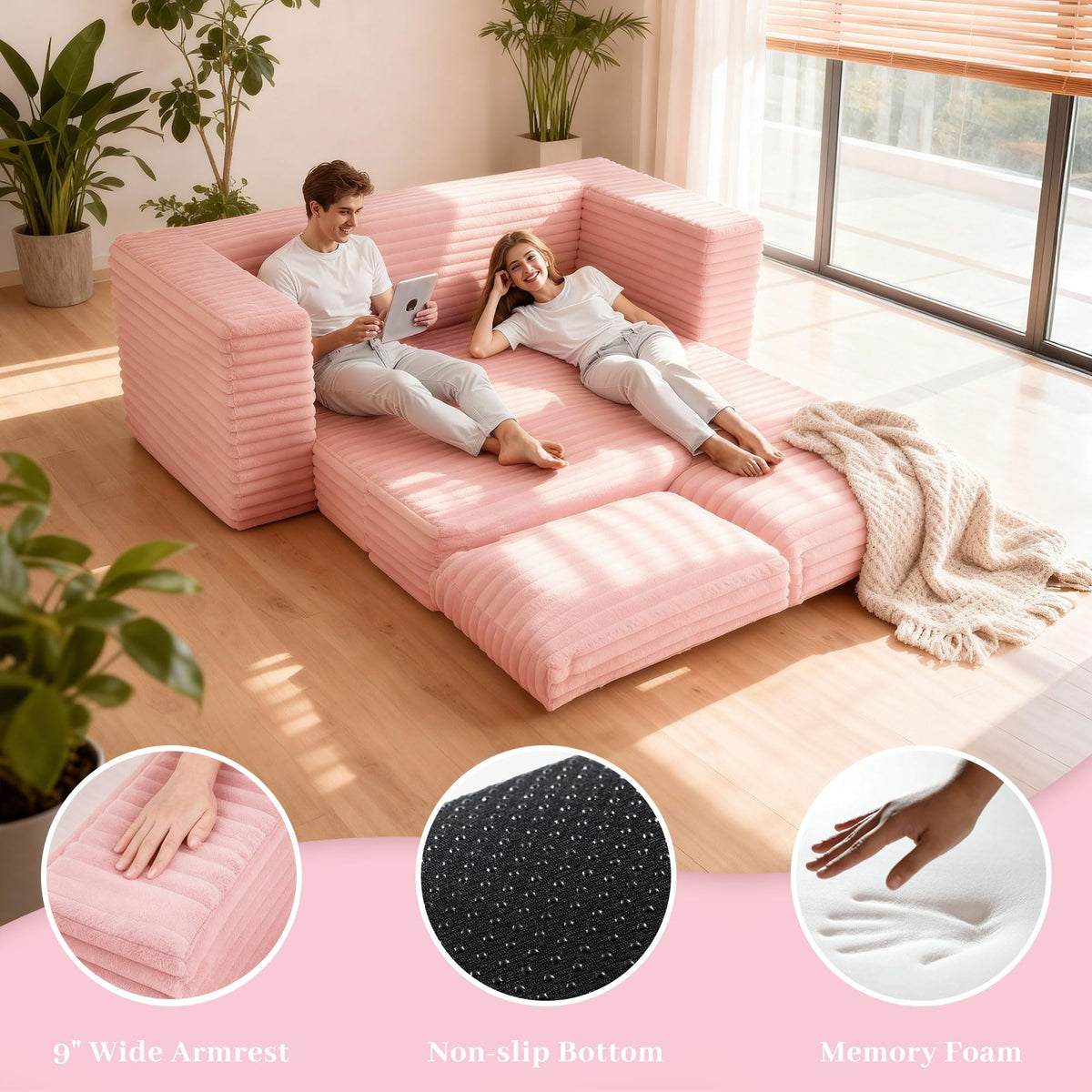 62" Pink Convertible Folding Sofa Bed Q998510