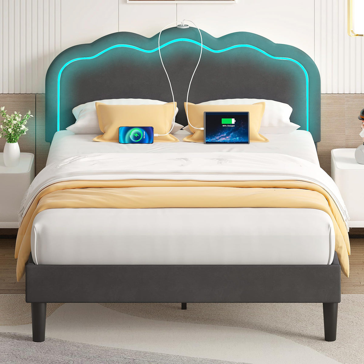 Queen Size Velvet Upholstered Platform Bed Frame with Headboard E9802
