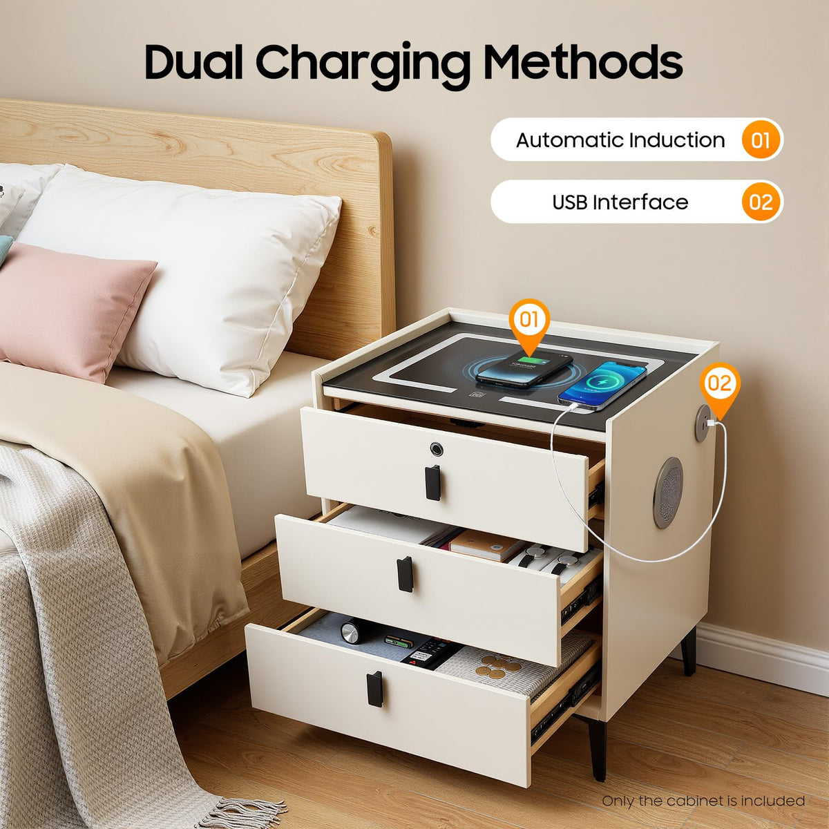LED Nightstand with Charging Station and Drawers J4790