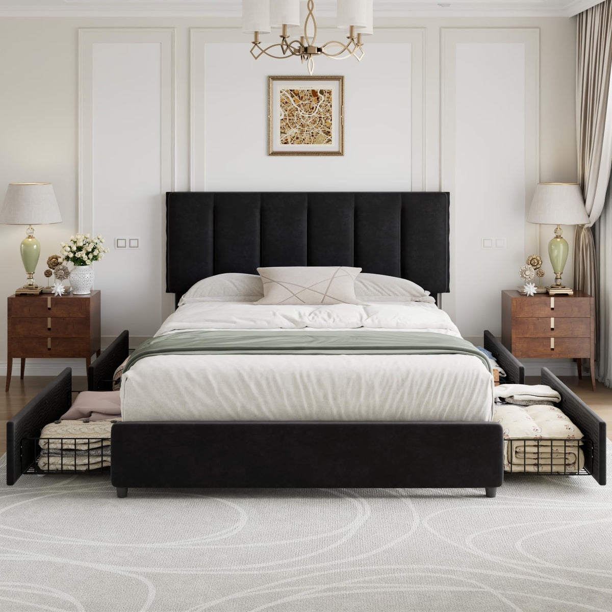 Queen Size Black Bed Frame with 4 Storage Drawers C59734