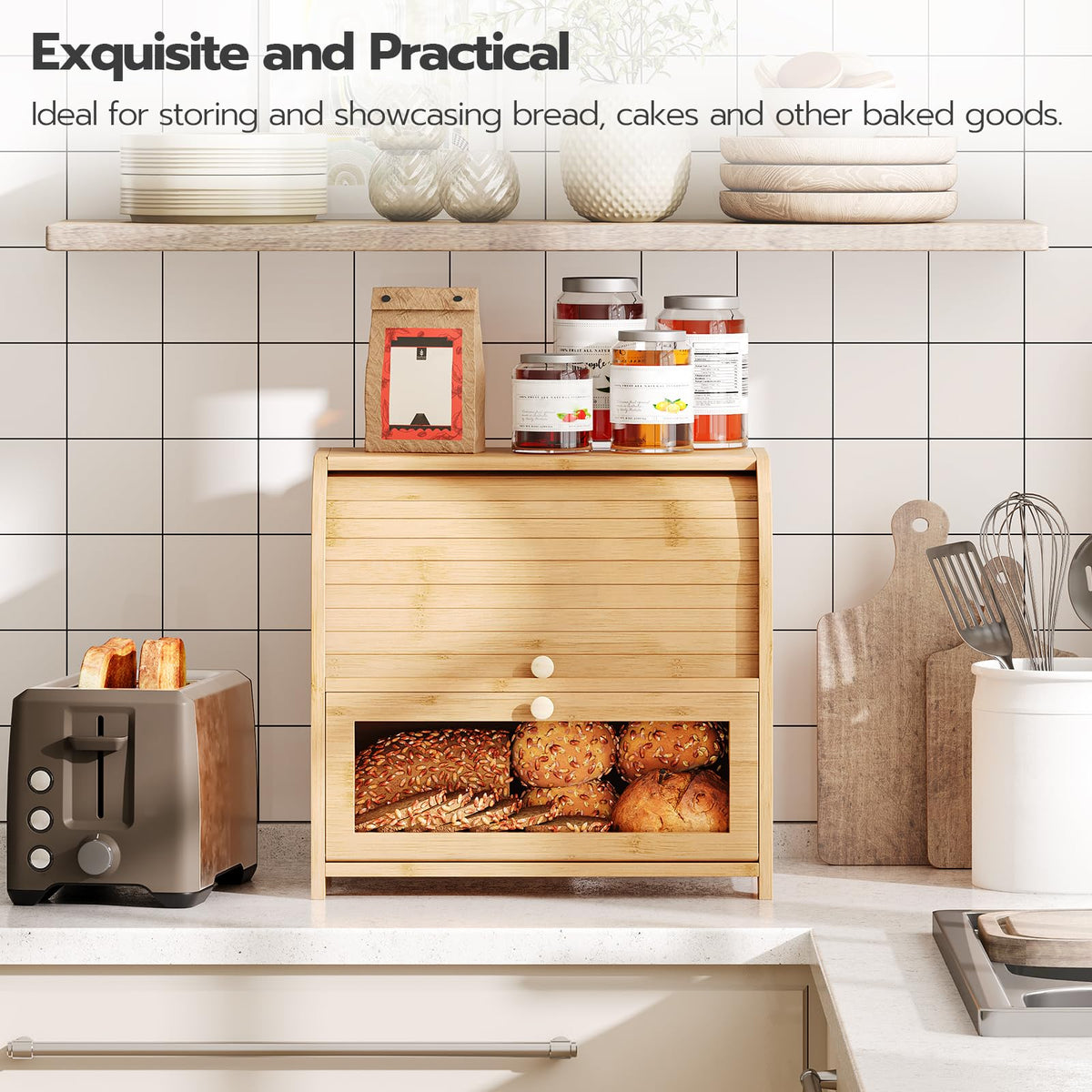 Bamboo 2 Tier Roll-Top Bread Box A490