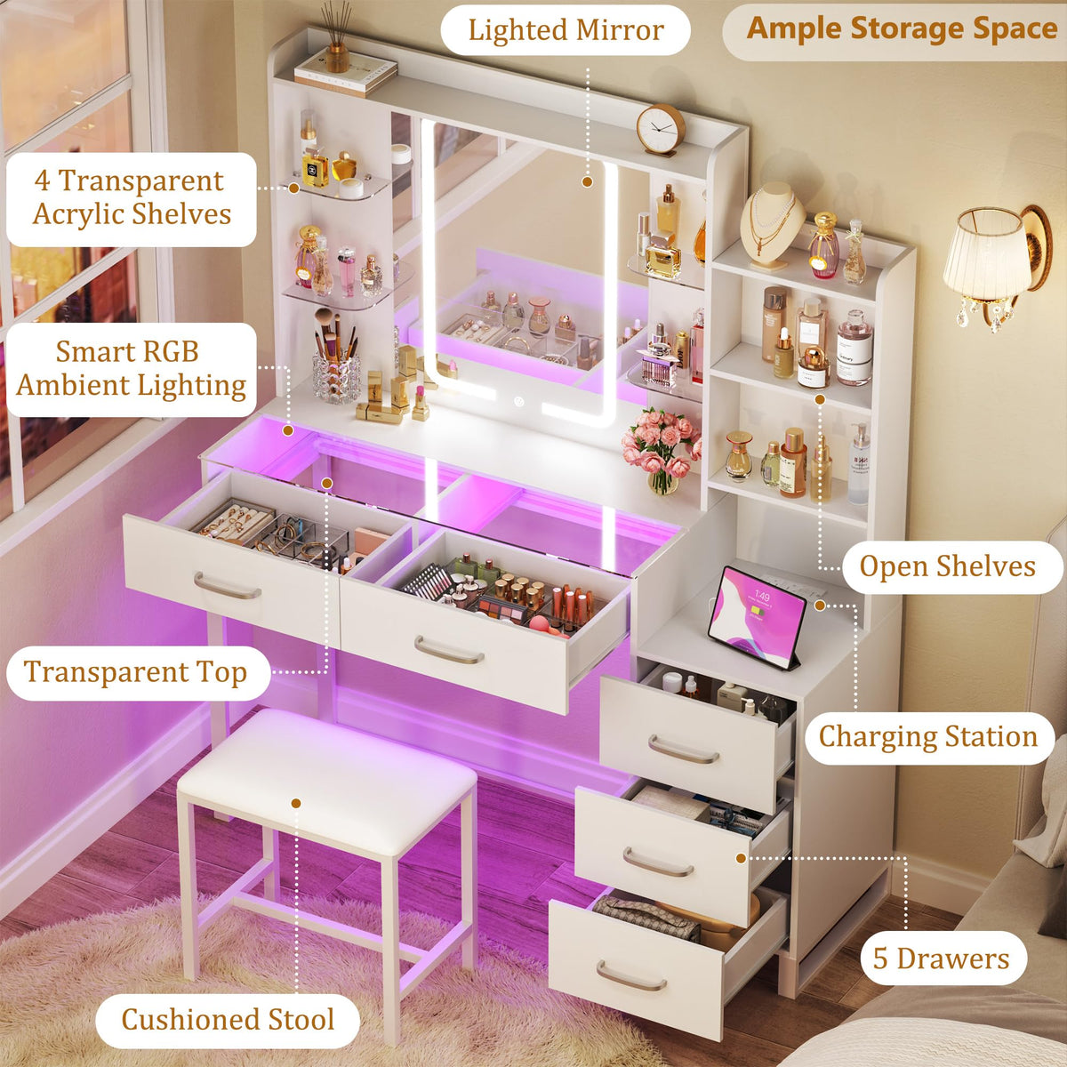 White Vanity Desk with Mirror and Stool 5 Drawers L266483