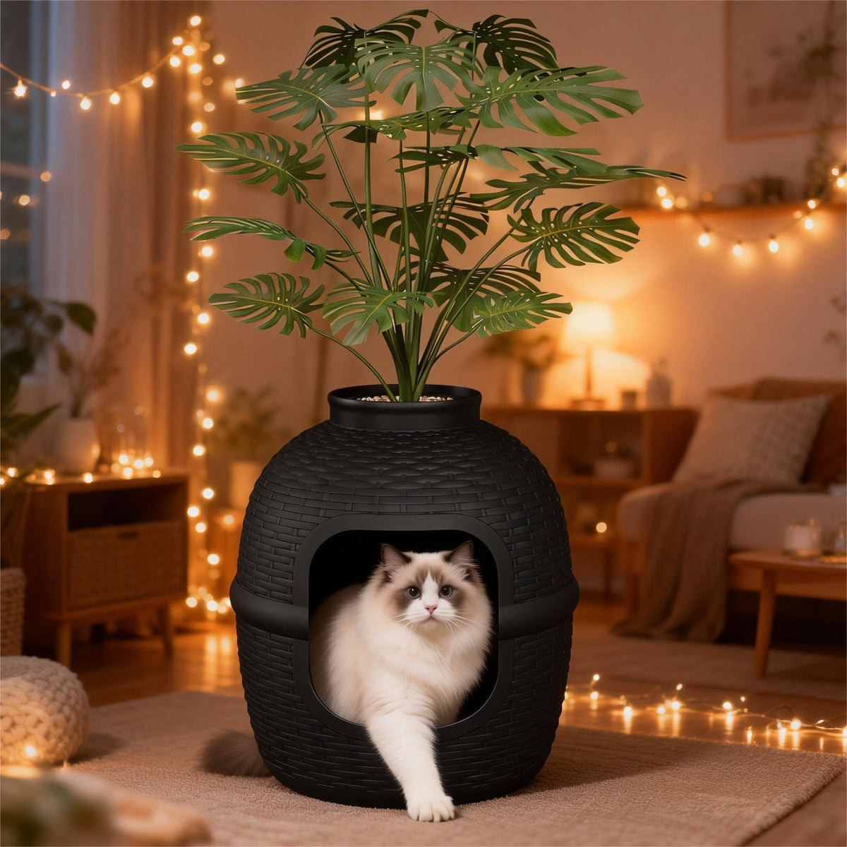 Black Large Cat Litter Box with Faux Plant I56184