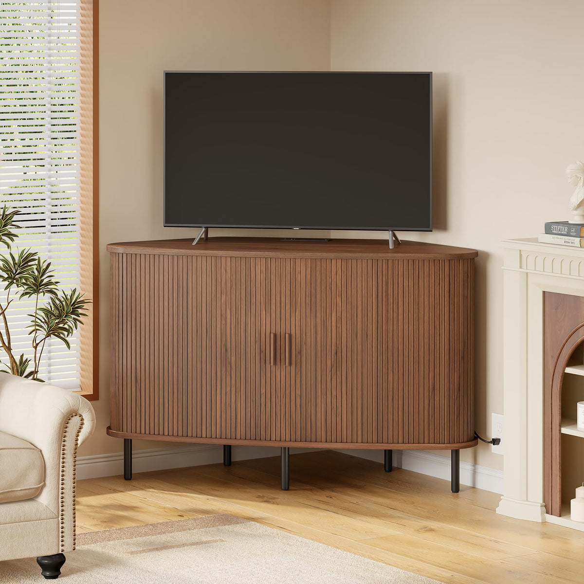 47" Walnut Corner TV Stand with Sliding Door I622512