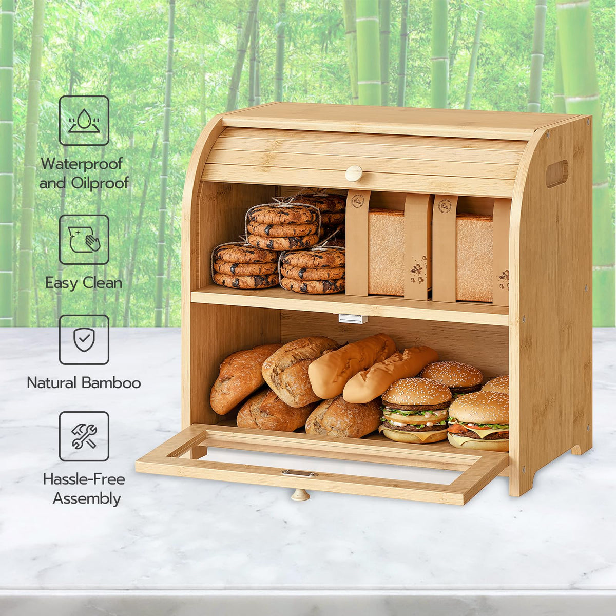 Bamboo 2 Tier Roll-Top Bread Box A490