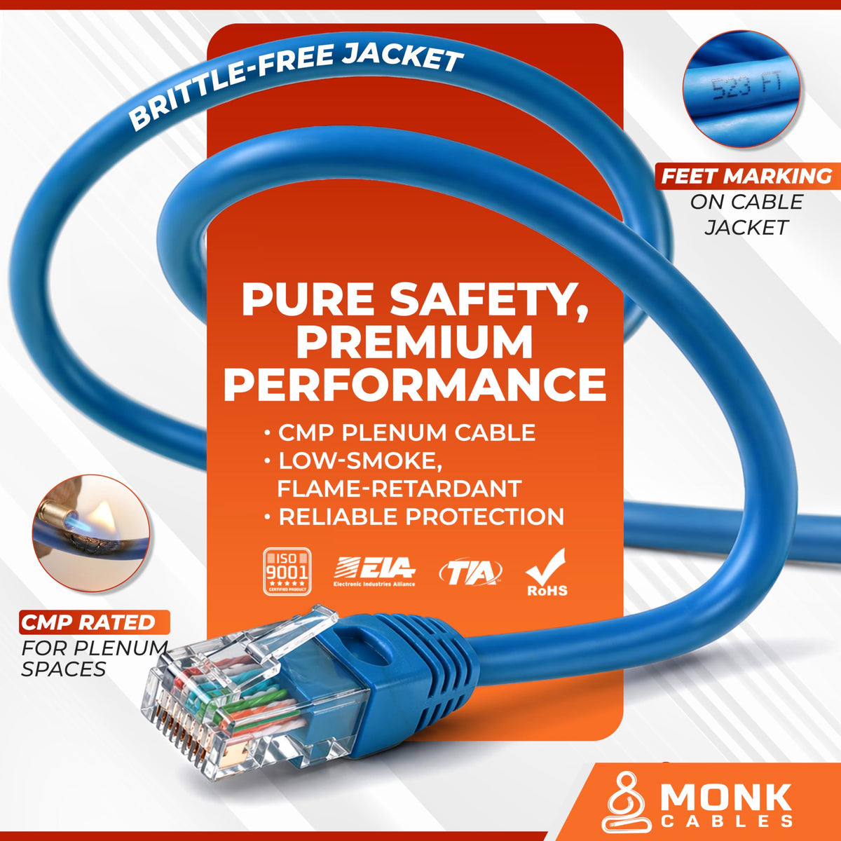 CAT 6 Ethernet Cable 1000ft Pure Bare Solid Copper 23AWG UTP CMP Plenum Blue I9202