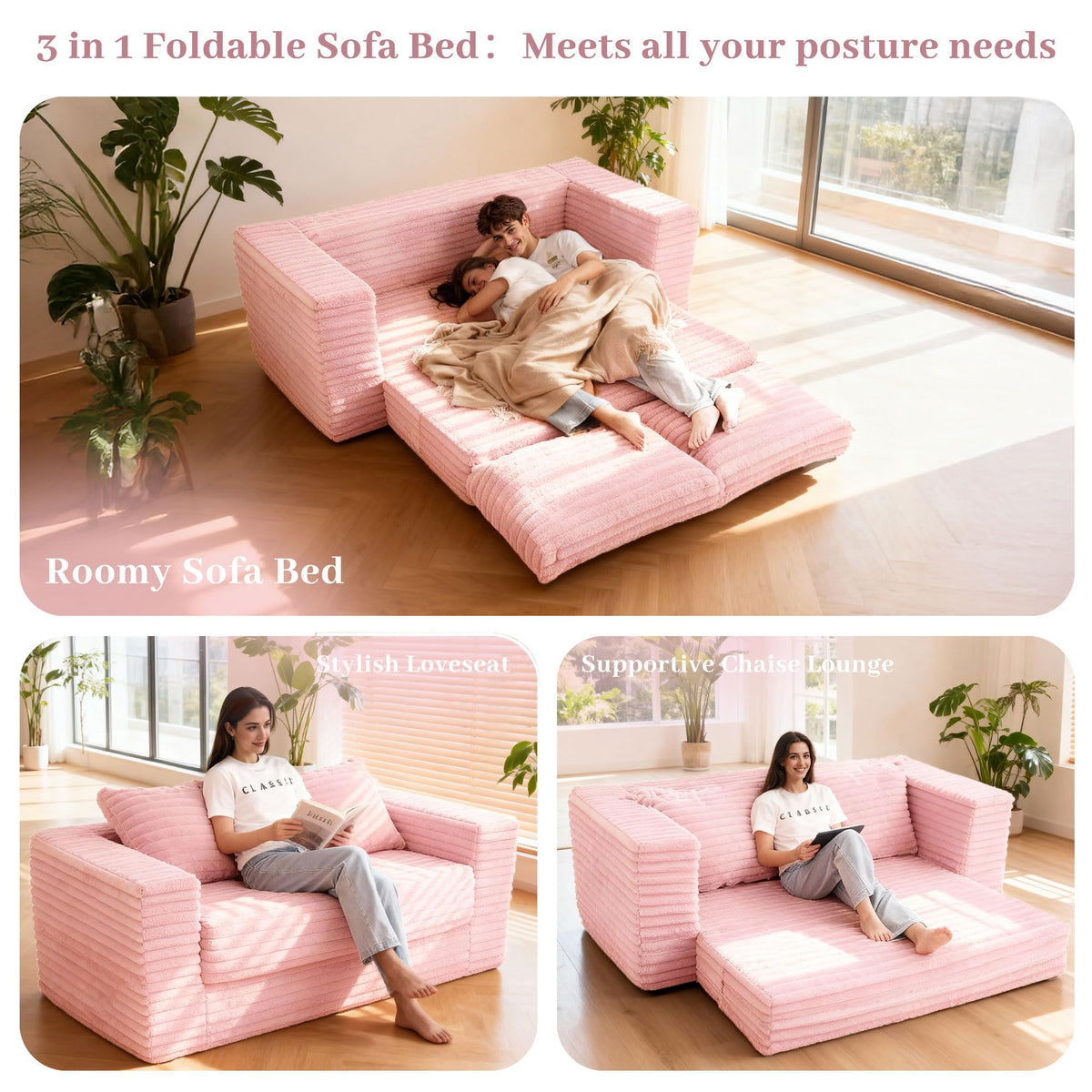 62" Pink Convertible Folding Sofa Bed Q998510