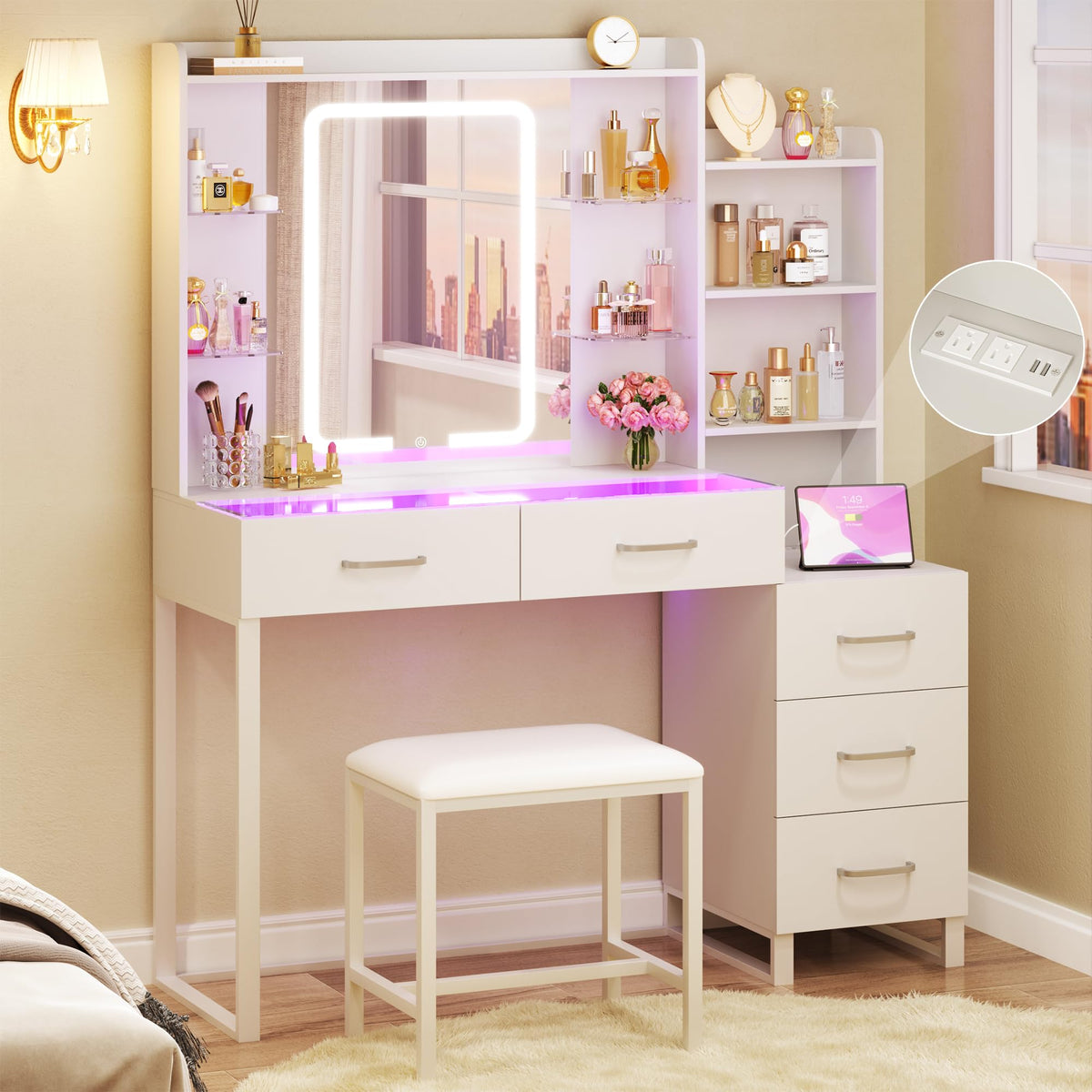 White Vanity Desk with Mirror and Stool 5 Drawers L266483
