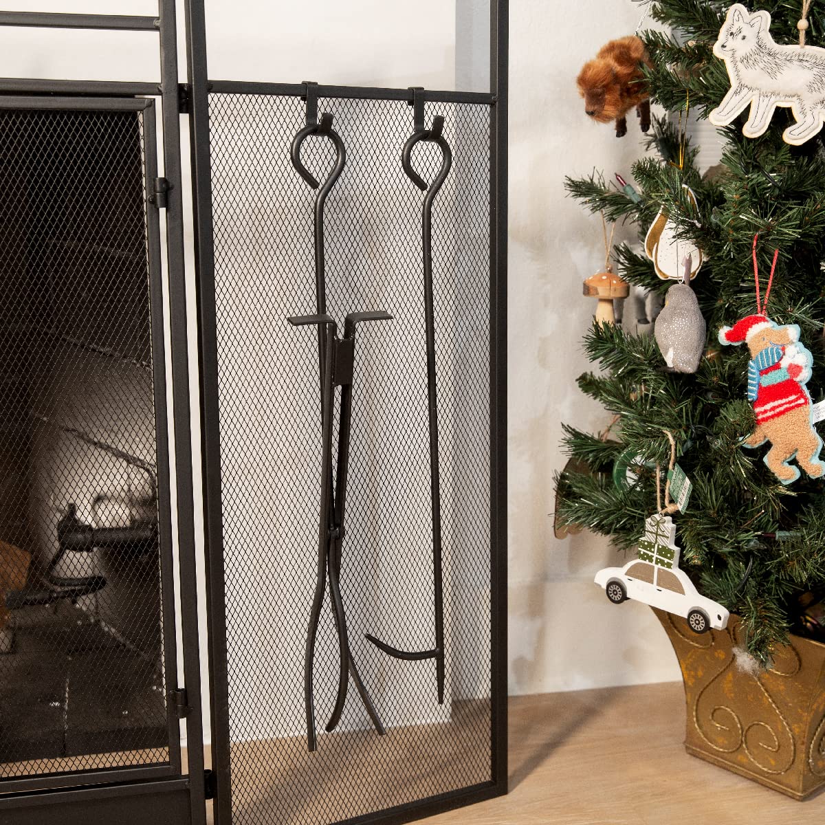Black 3-Panel Folding Fireplace Screen with Magnetic Doors and 4-Piece Tools Set Z41564