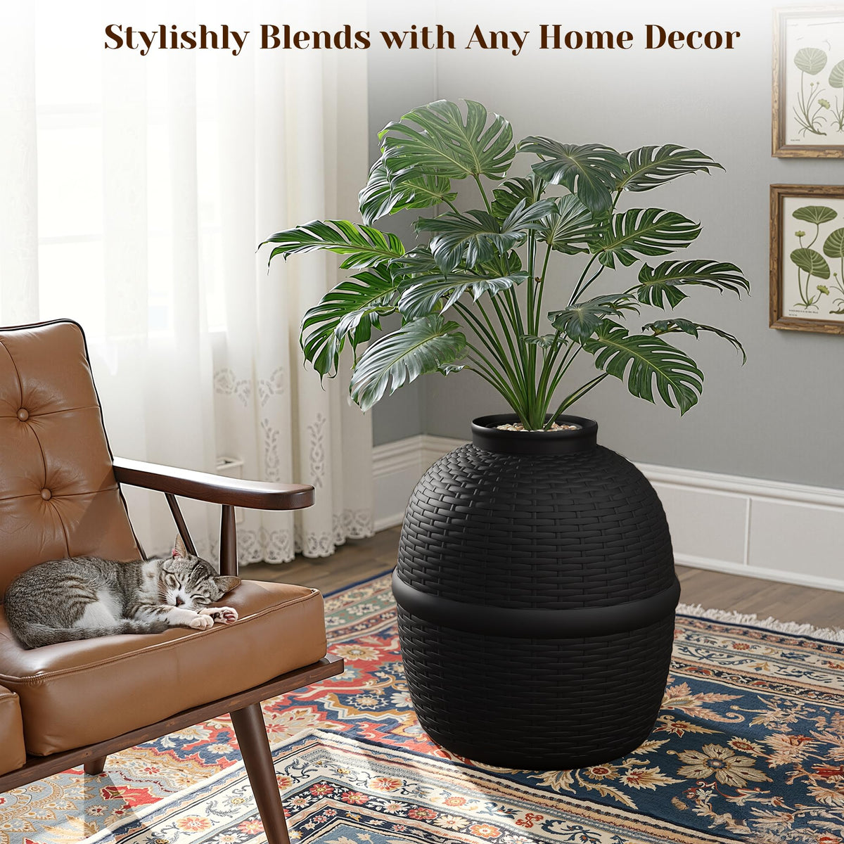 Black Large Cat Litter Box with Faux Plant I56184