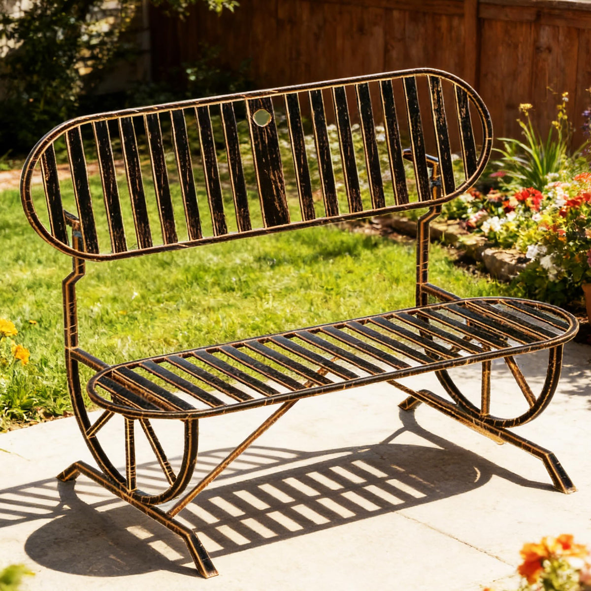 Convertible Outdoor Bench with Cast Iron Wagon Wheel Arms K7361