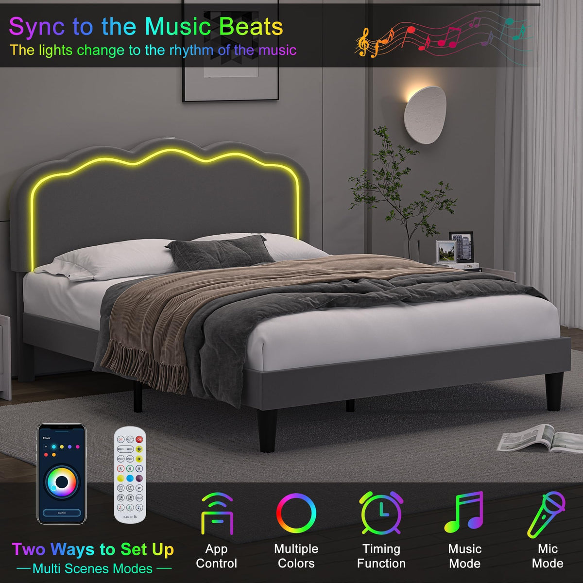 Queen Size Velvet Upholstered Platform Bed Frame with Headboard E9802