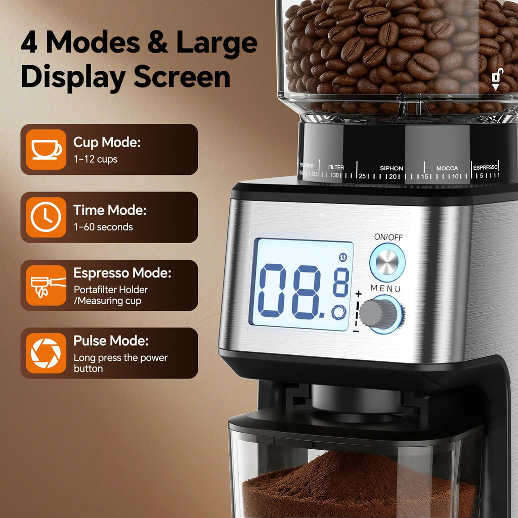 Conical Burr Coffee Grinder, 51 Grind Settings, 1-12 Cups, Stainless Steel W979
