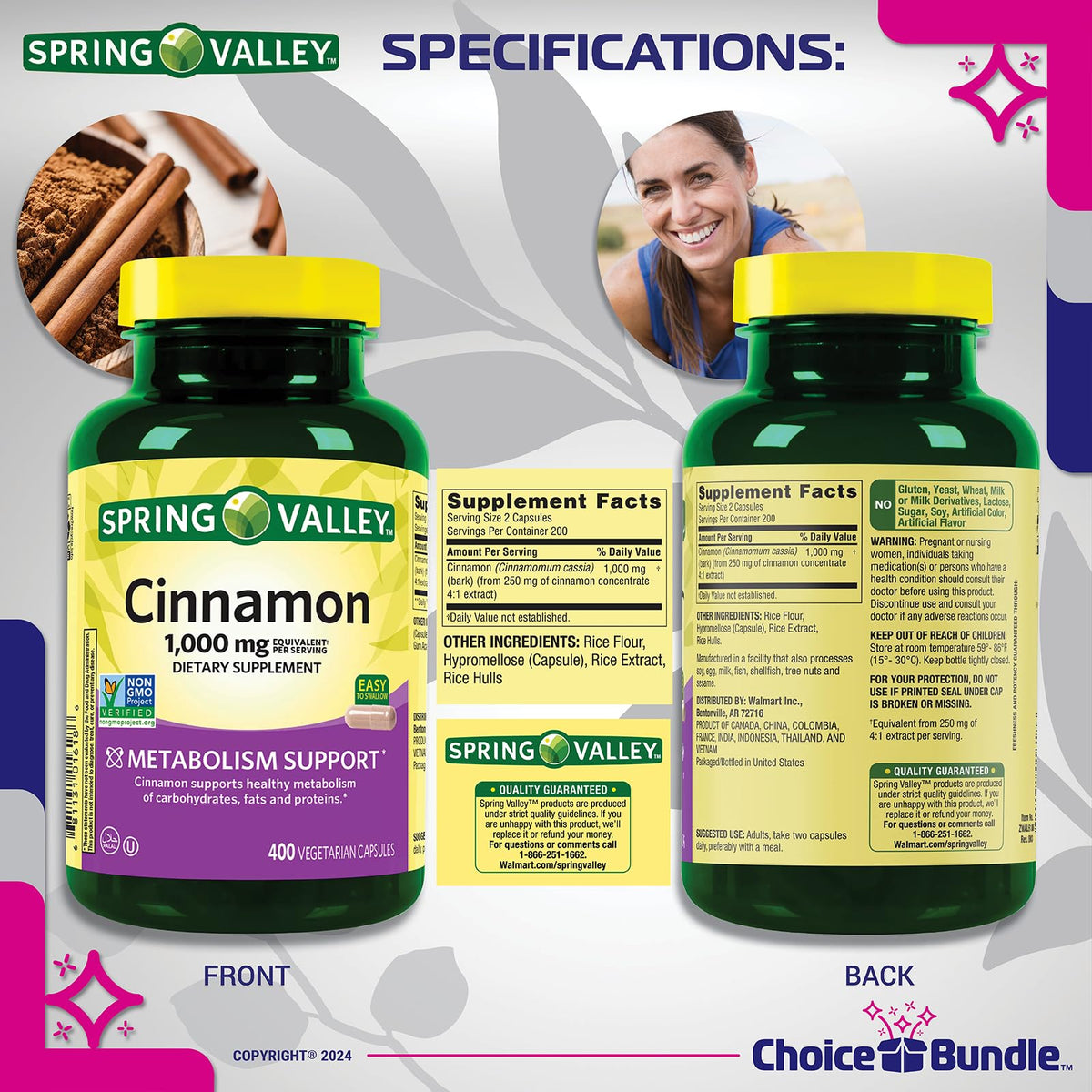 Cinnamon Supplement 1000mg 400 ct Vegetarian Capsules J2488