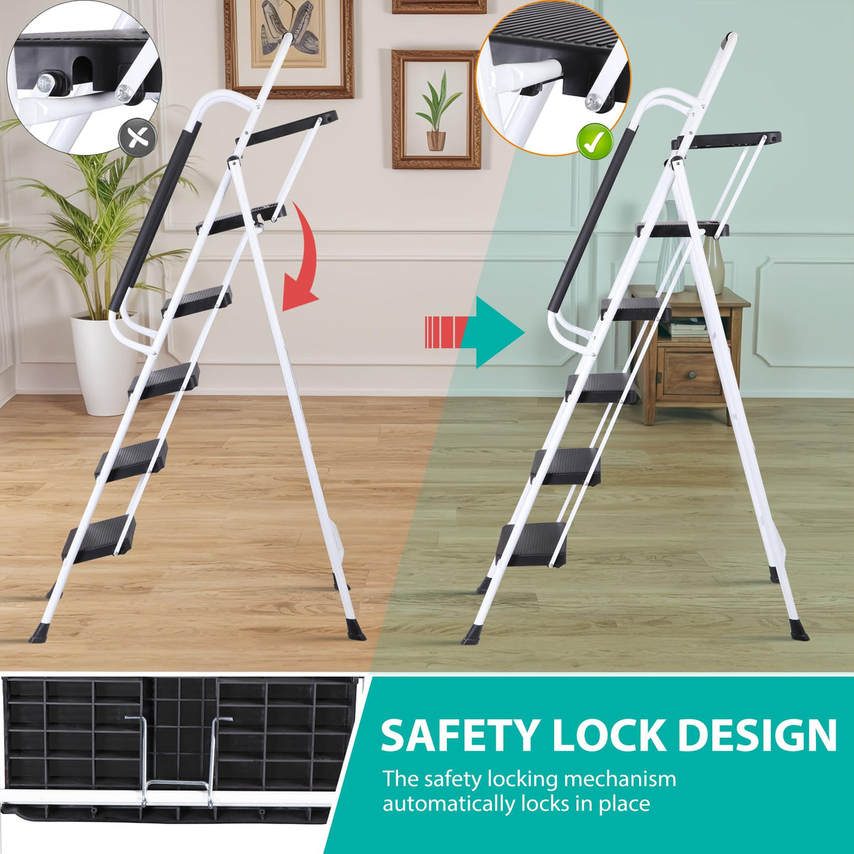 5 Step White Foldable Steel Step Stool with Handrail T636159