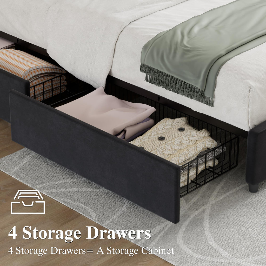 Queen Size Black Bed Frame with 4 Storage Drawers C59734