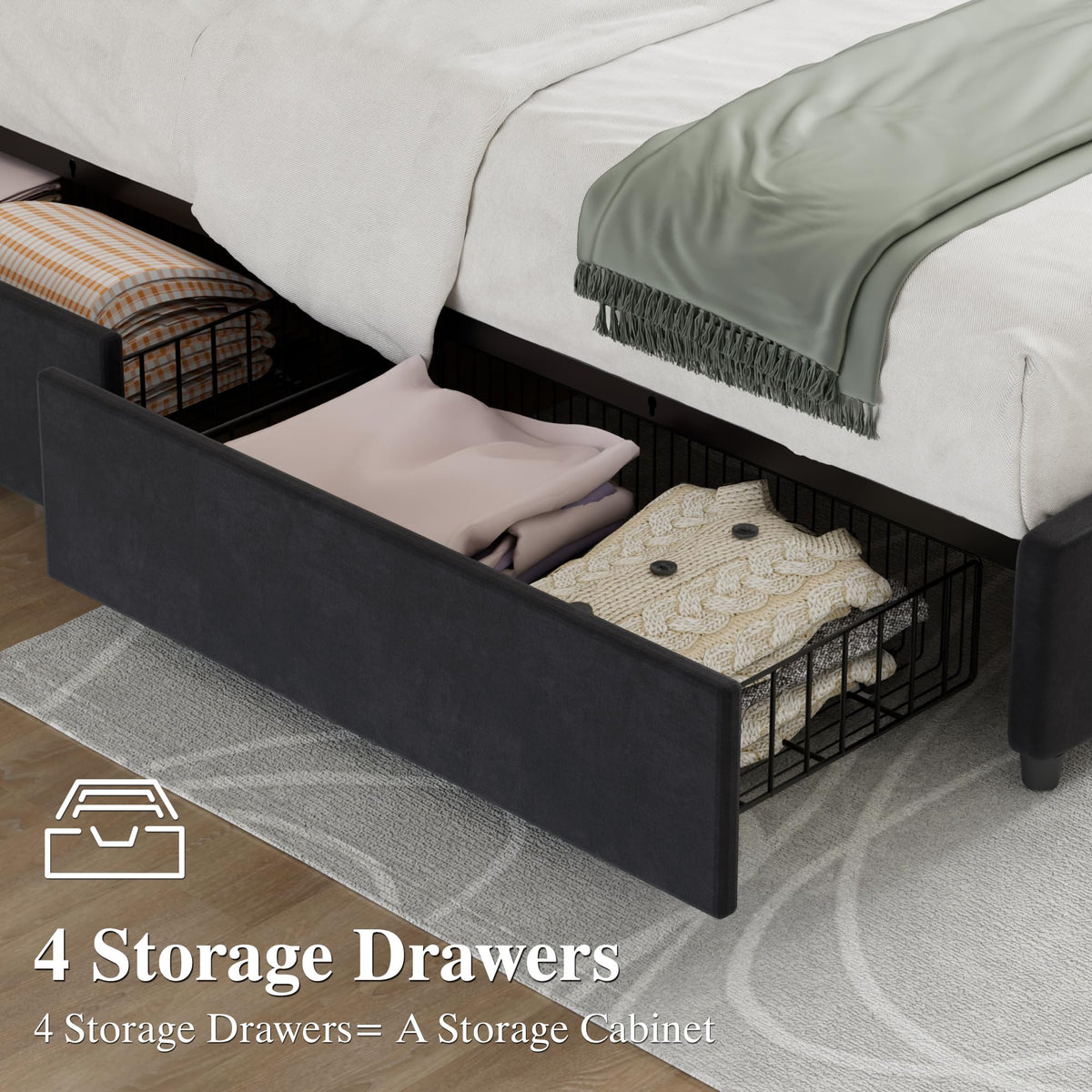 Queen Size Black Bed Frame with 4 Storage Drawers C59734