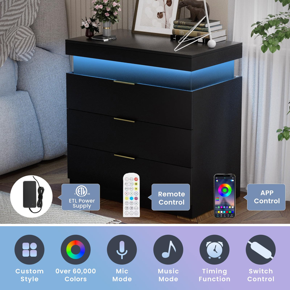LED Smart Nightstand with Charging Station & RGB Lights Q55417