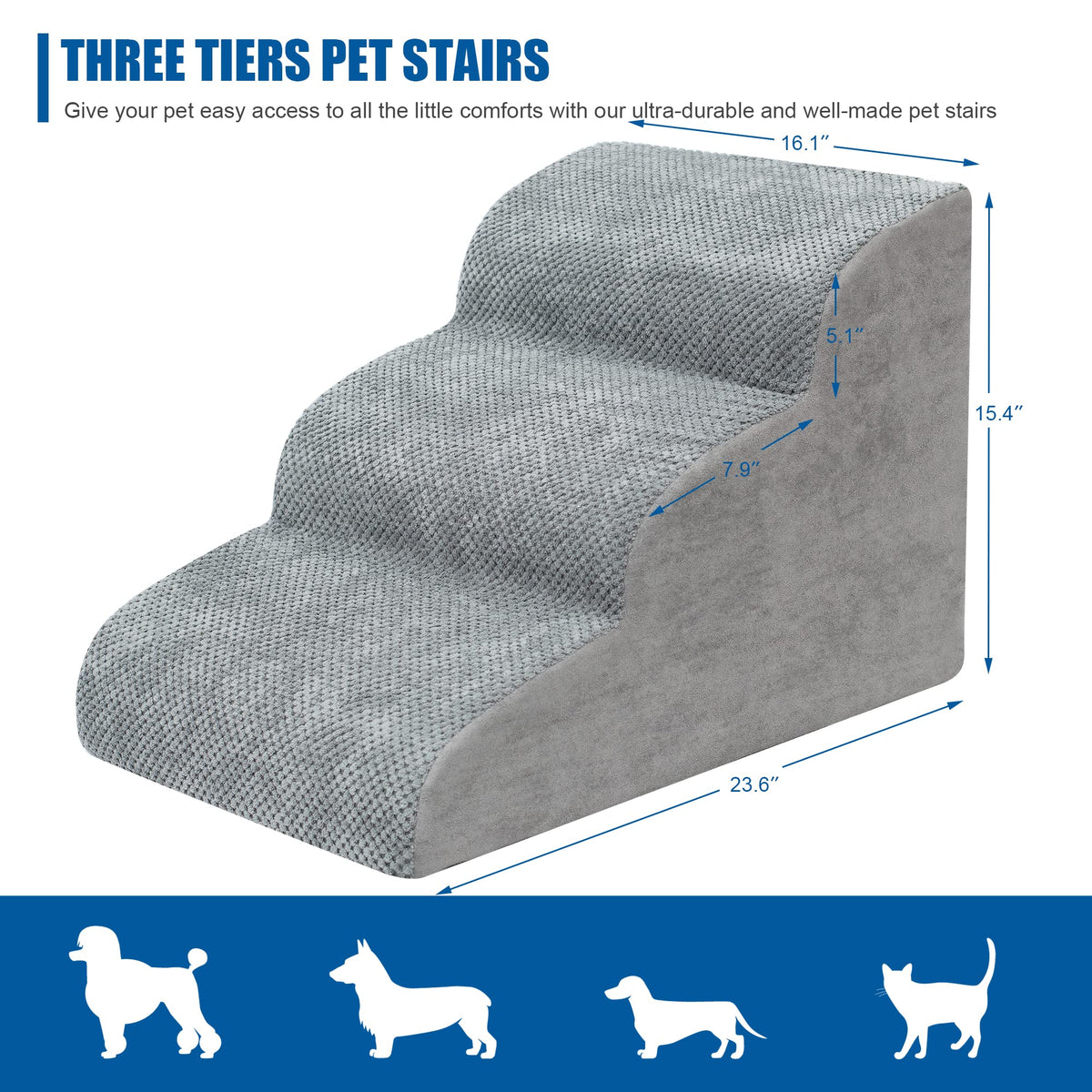 High Density Foam Dog Stairs 3 Steps Grey R6188