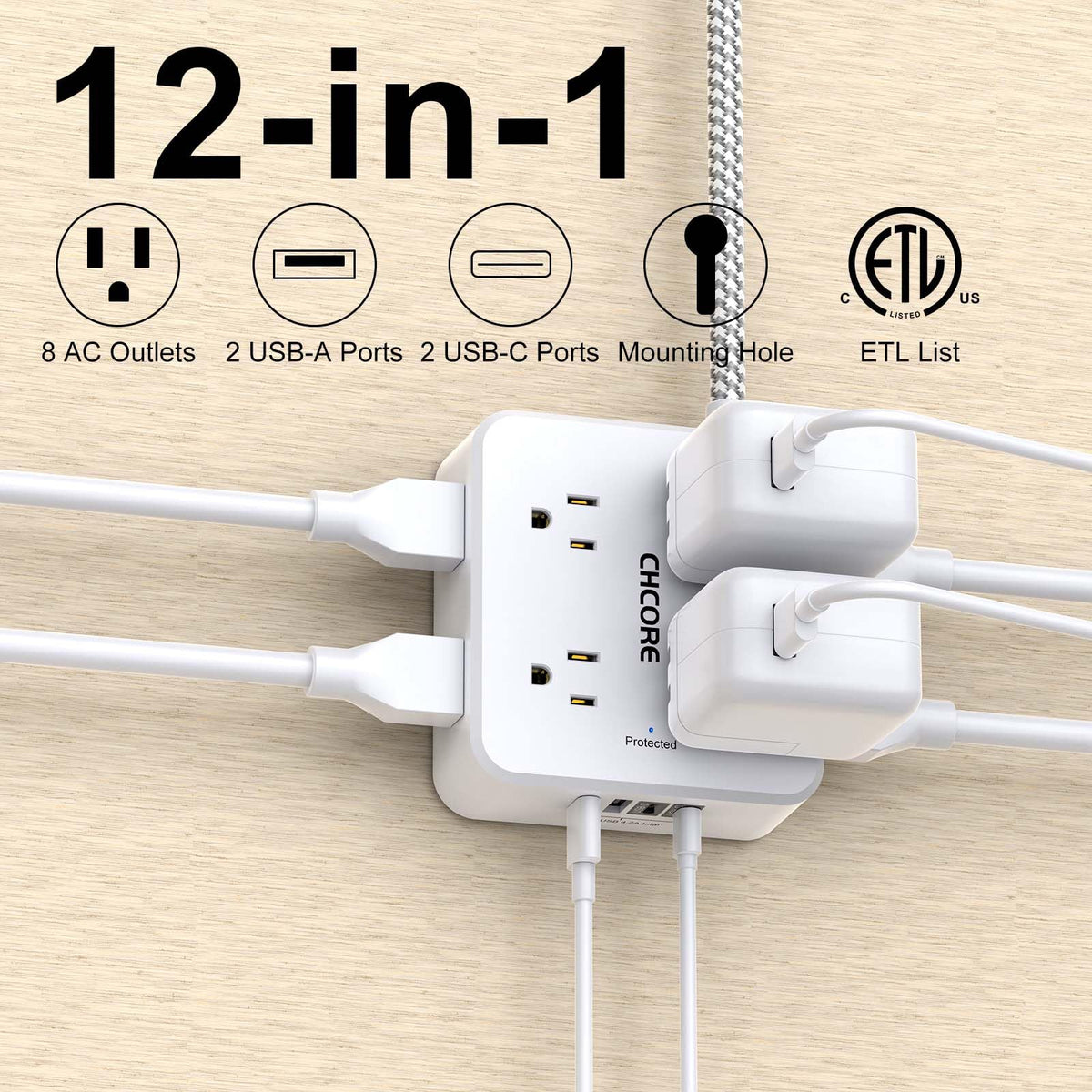 5Ft Braided Extension Cord Power Strip with 8 Outlets and 4 USB Ports, White F5501