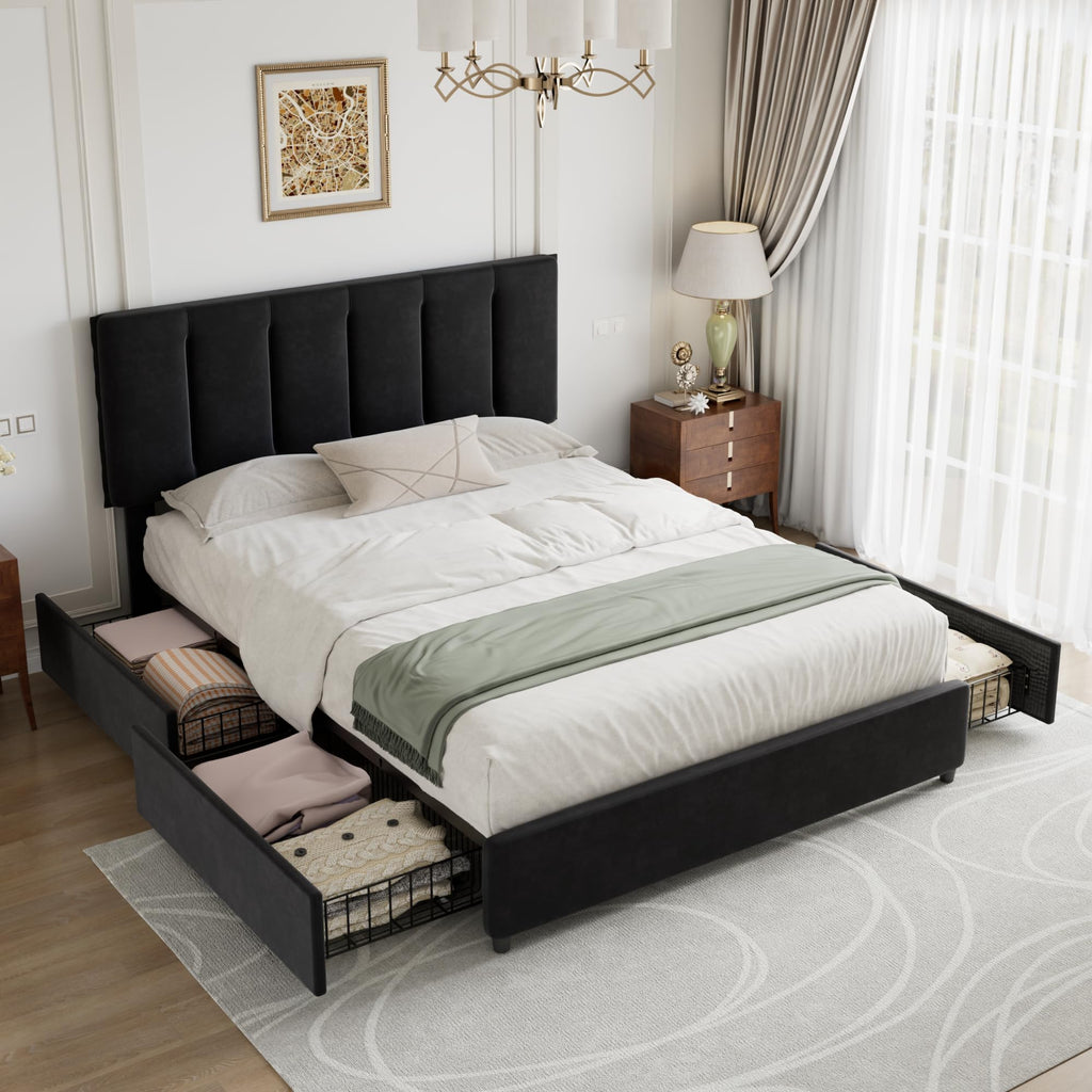 Queen Size Black Bed Frame with 4 Storage Drawers C59734