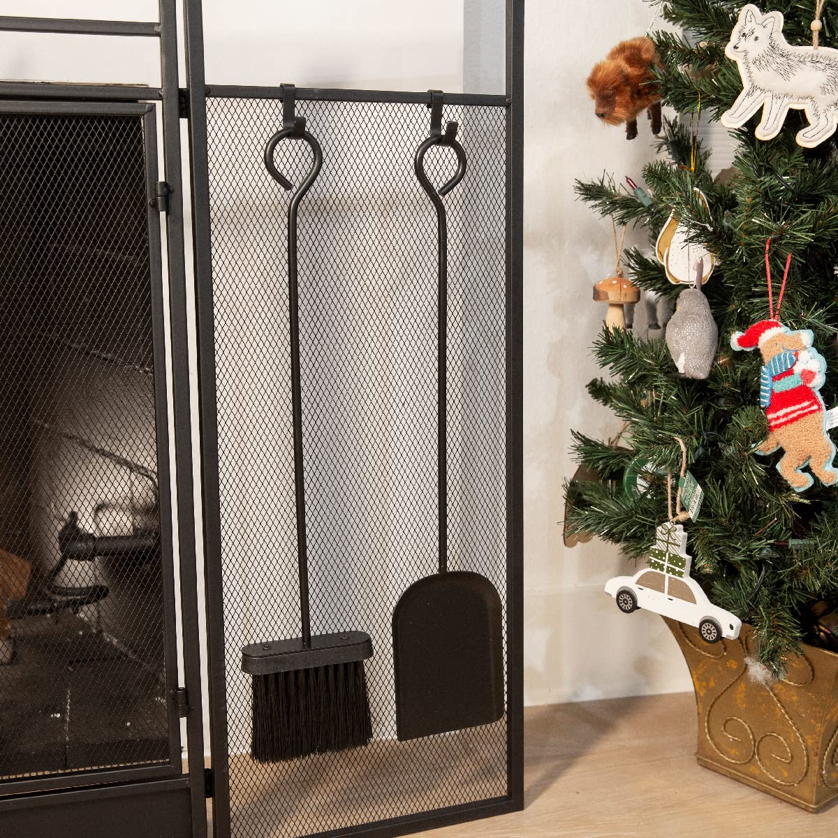 Black 3-Panel Folding Fireplace Screen with Magnetic Doors and 4-Piece Tools Set Z41564