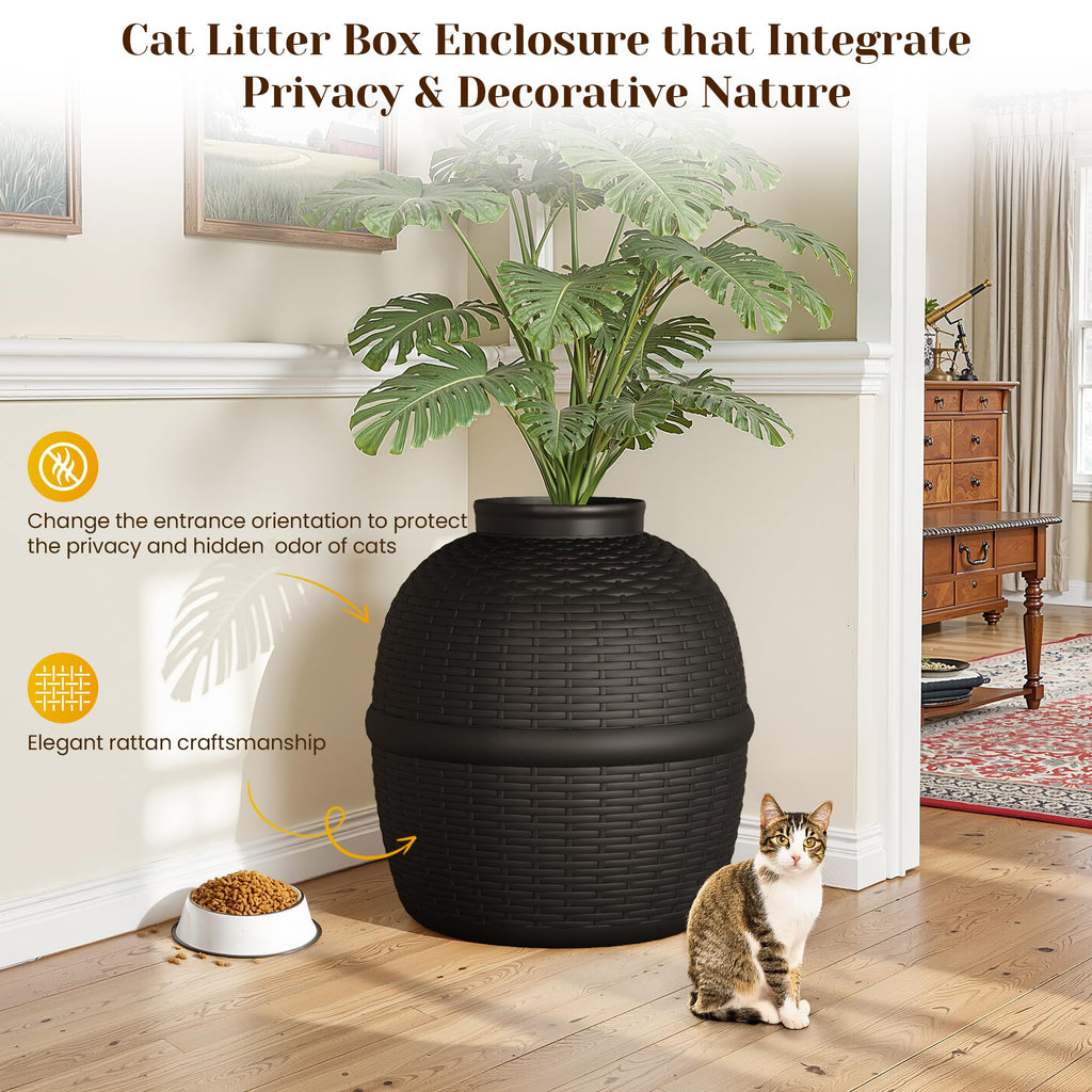 Black Large Cat Litter Box with Faux Plant I56184