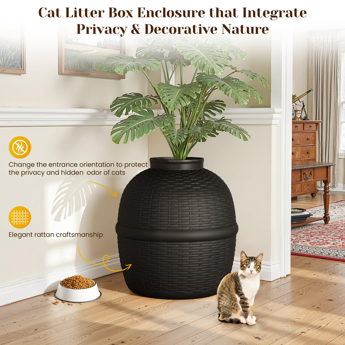 Black Large Cat Litter Box with Faux Plant I56184