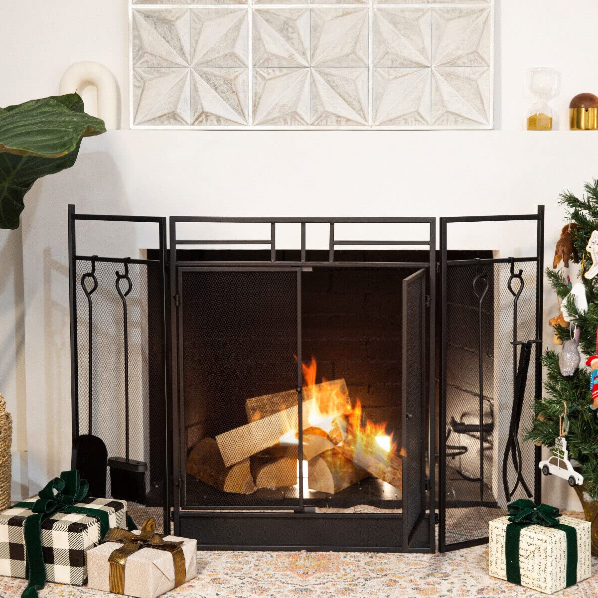 Black 3-Panel Folding Fireplace Screen with Magnetic Doors and 4-Piece Tools Set Z41564