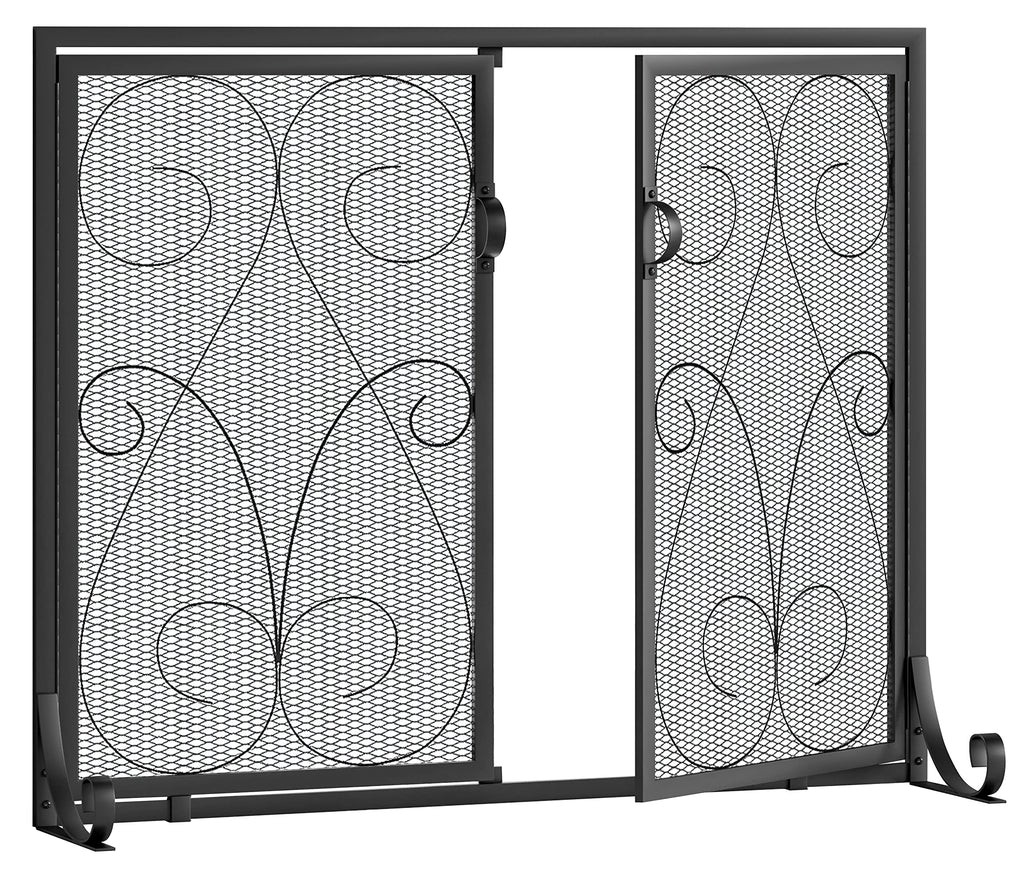 2-Panel Wrought Iron Fireplace Screen with Doors Black O603599