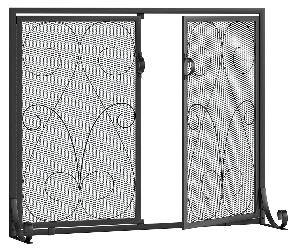2-Panel Wrought Iron Fireplace Screen with Doors Black O603599