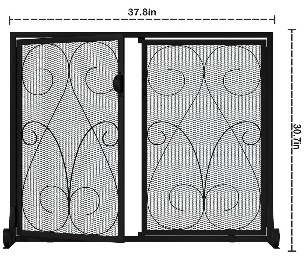 2-Panel Wrought Iron Fireplace Screen with Doors Black O603599