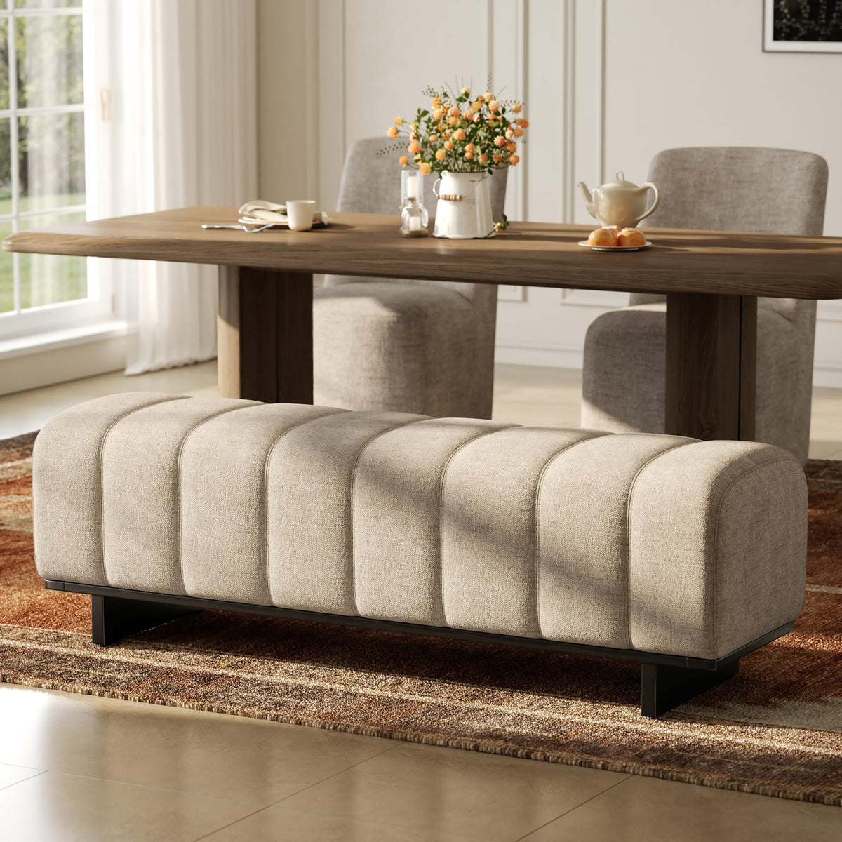 Oatmeal Black Chenille Upholstered Dining Bench H210