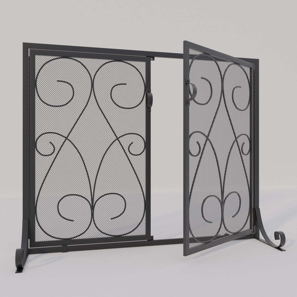 2-Panel Wrought Iron Fireplace Screen with Doors Black O603599