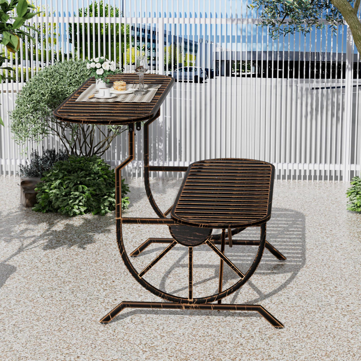 Convertible Outdoor Bench with Cast Iron Wagon Wheel Arms K7361