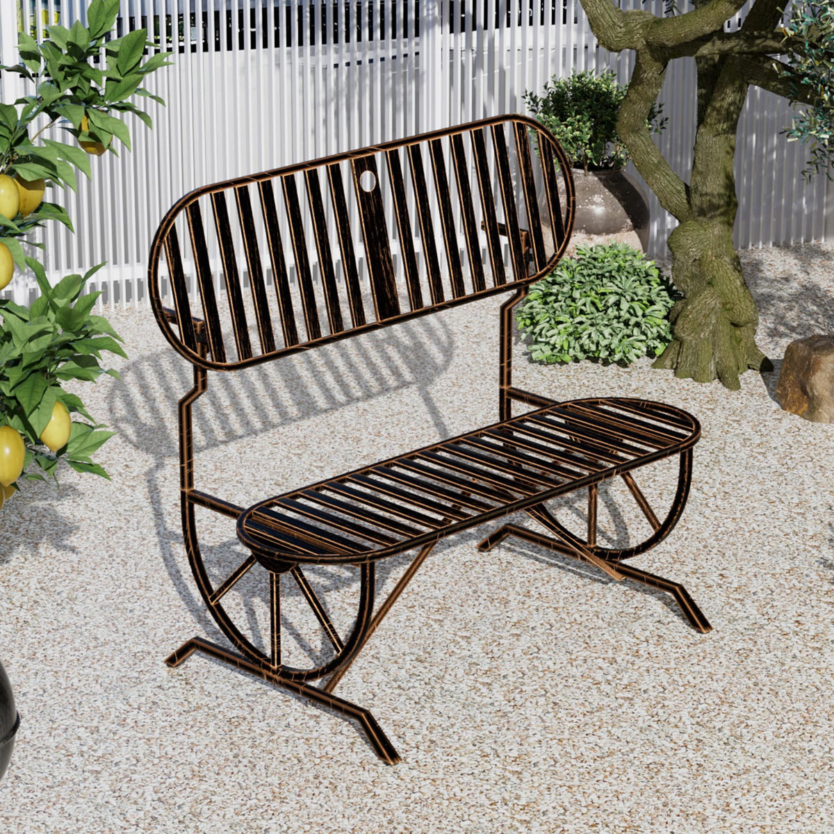 Convertible Outdoor Bench with Cast Iron Wagon Wheel Arms K7361