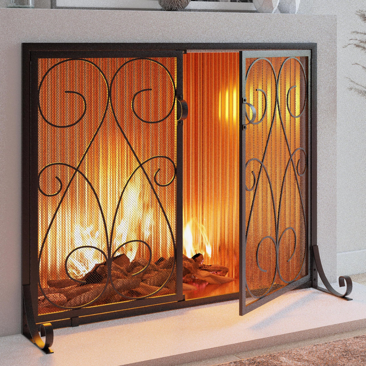 2-Panel Wrought Iron Fireplace Screen with Doors Black O603599