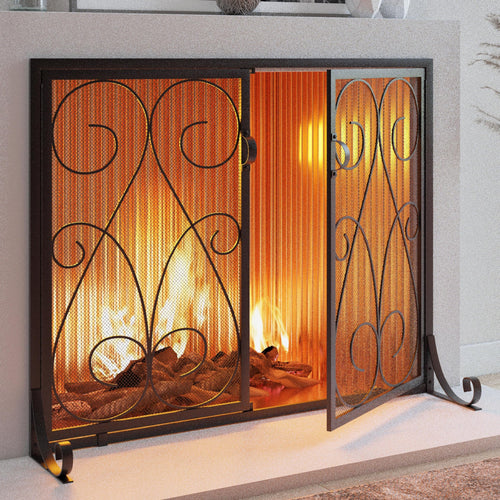 2-Panel Wrought Iron Fireplace Screen with Doors Black O603599