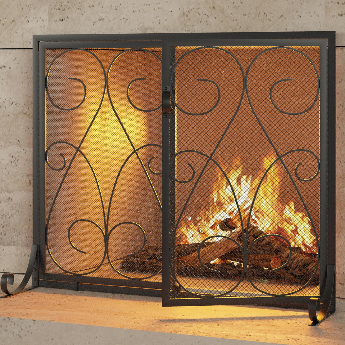 2-Panel Wrought Iron Fireplace Screen with Doors Black O603599
