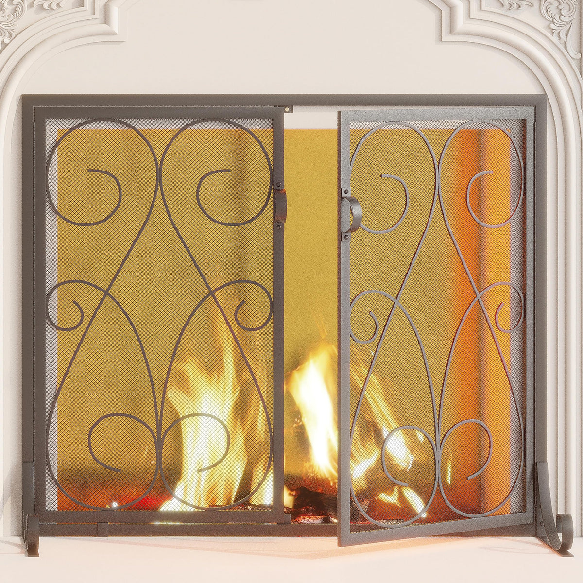 2-Panel Wrought Iron Fireplace Screen with Doors Black O603599