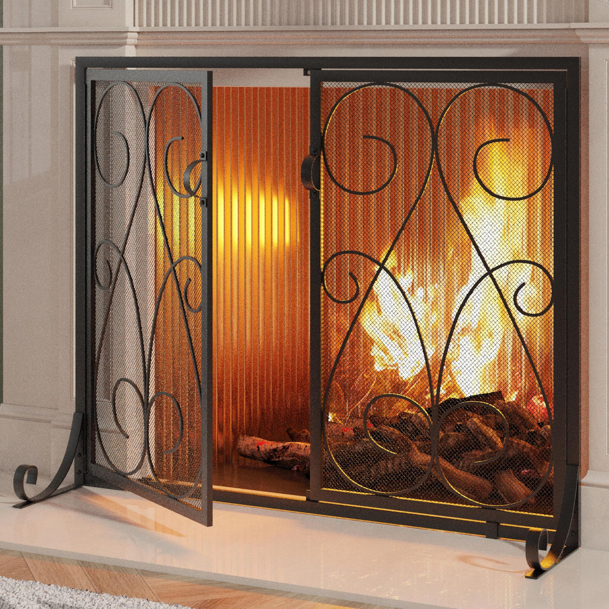 2-Panel Wrought Iron Fireplace Screen with Doors Black O603599